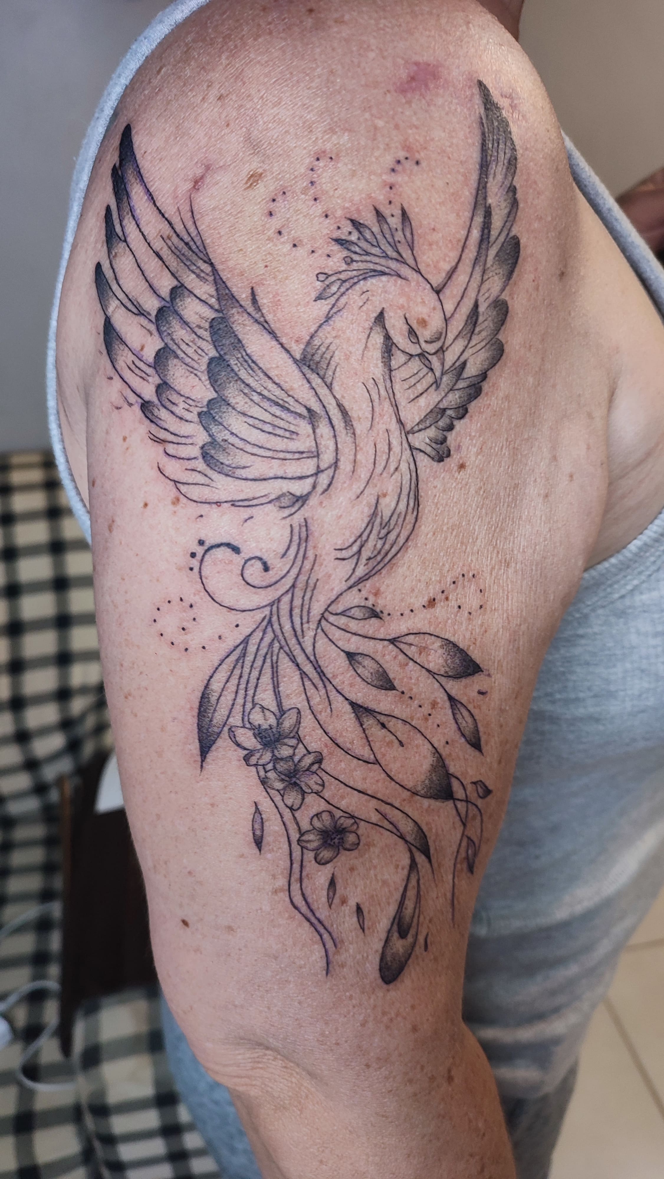 Tatuagem traço fino de uma fenix