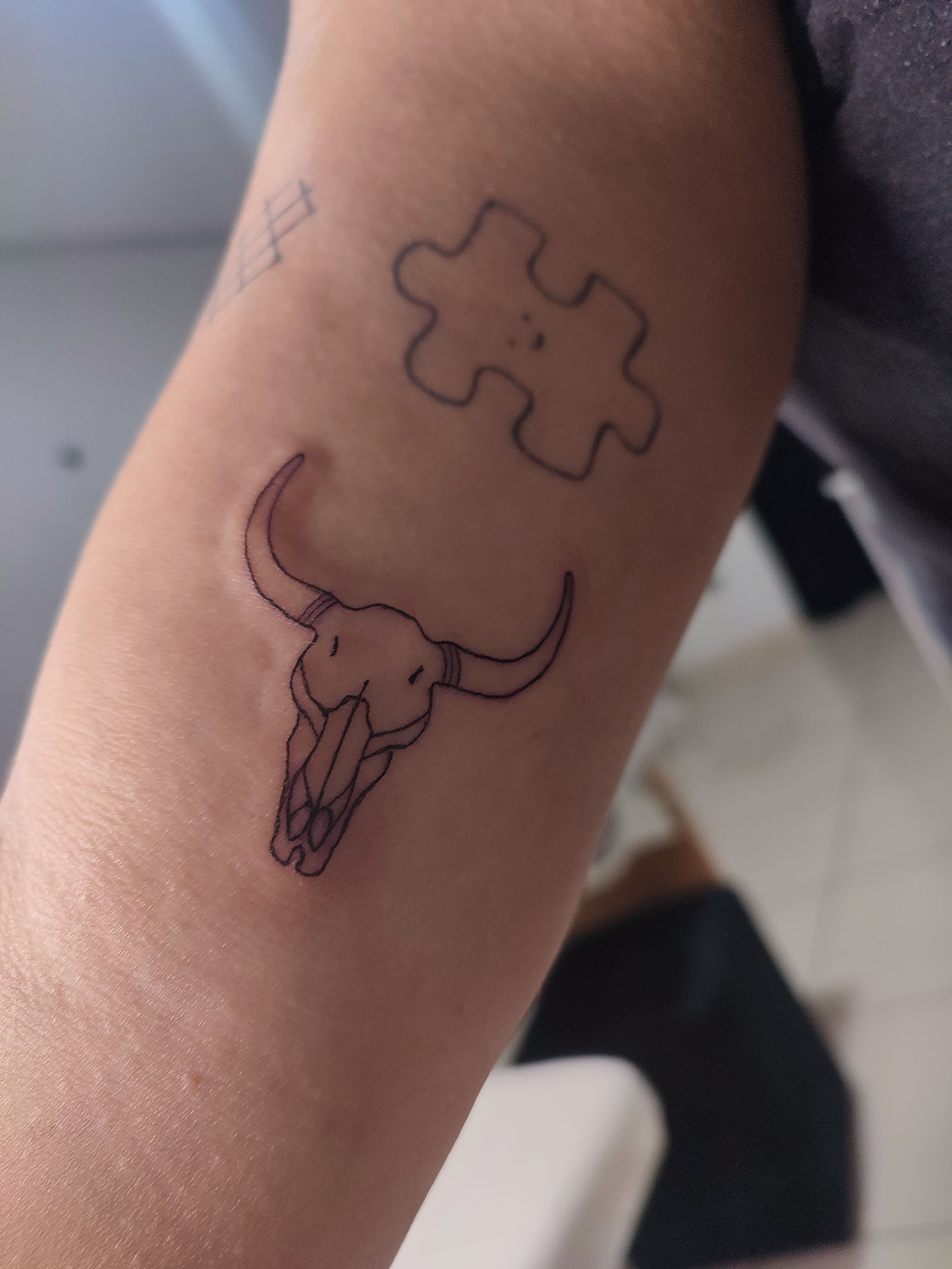 Tatuagem minimalista esqueleto da cabeça do boi